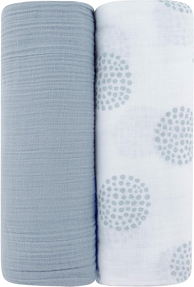 Ely's & Co. Cotton Muslin Swaddle Blanket 2-Pack for Baby Boy — 100% Cotton Muslin Extra-Large Swaddle Blankets (47” x 47”) Misty Blue, Solid & Dottie Design