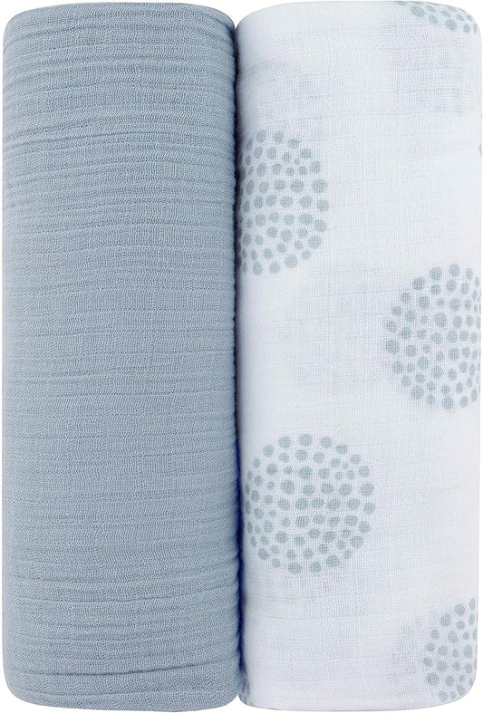 Ely's & Co. Cotton Muslin Swaddle Blanket 2-Pack for Baby Boy — 100% Cotton Muslin Extra-Large Swaddle Blankets (47” x 47”) Misty Blue, Solid & Dottie Design