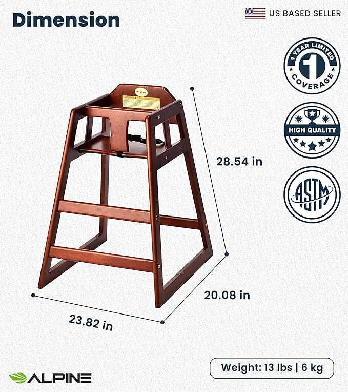 Alpine Wooden High Chairs for Babies and Toddlers with Safety Strap, Commercial Grade Restaurant High Chair, Durable Wood Space Saver Baby Feeding Chair, Ideal for Dining Spaces (2 Pack, Mahogany)