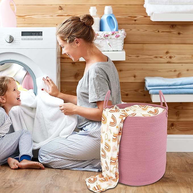 Cotton Rope Laundry Basket Hamper for Clothes Woven Storage Basket for Living Room Bedroom Boho Tall Rope Baskets for Blanket Toys Pillow Towels Baby Nursery Hamper Bin grape purple