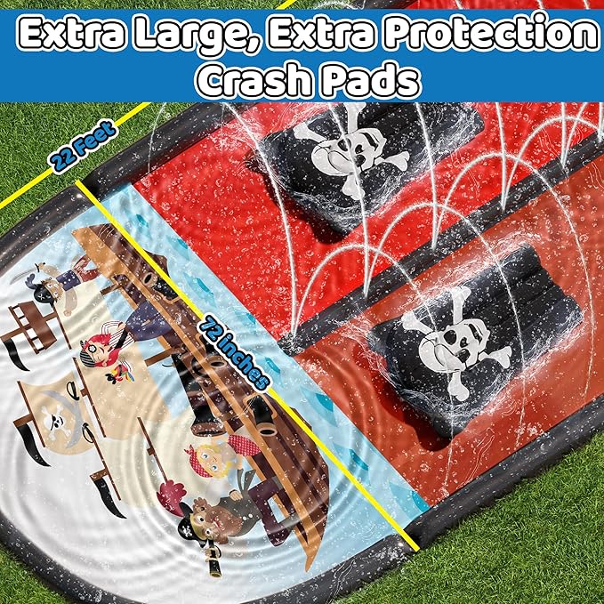 JAMBO 22Ft Water Slide and 2 Bodyboards, Extra Long Heavy Duty Slip Splash and Slide with Inflatable Bumpers, Pirate Splash Mat Water Sprinkler, Outdoor Water Toys, Summer n Toy, Splash Pad