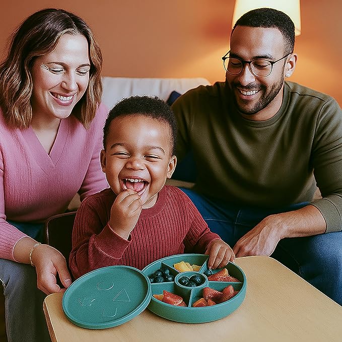 Talktools Bitsy Feeding Kid's Essentials Plate Set – Toddler Utensils, Spoon and Fork, Plate Lid, Perfect for Mealtime – Strong Suction Toddler Plates with 4 Compartments (Set-Sage)