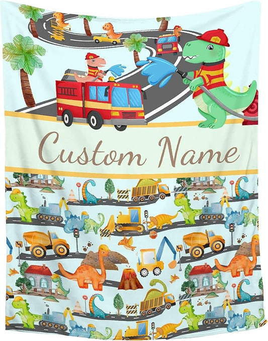 Personalized Baby Blanket for Girls Boys Dinosaur Fire Truck Custom Baby Blanket with Name Swaddle Blanket for Toddlers Infants Kids Shower Newborns Nursery Stroller Crib Decor Throw Birthday Gift