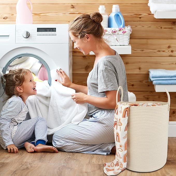 Cotton Rope Laundry Basket Hamper for Clothes Woven Storage Basket for Living Room Bedroom Boho Tall Rope Baskets for Blanket Toys Pillow Towels Baby Nursery Hamper Bin beige