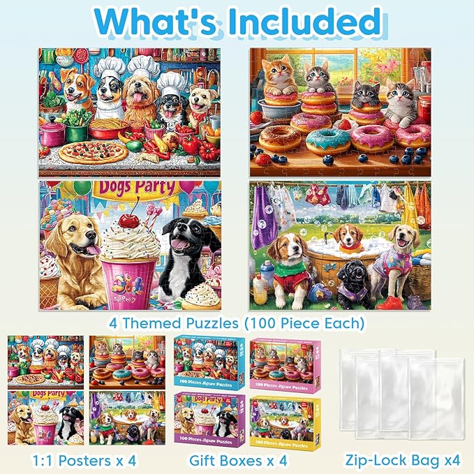 4-Pack 100 Piece Puzzles for Kids Ages 6-8 8-10 Year Old Large Piece Puzzles for Seniors 100 Pieces Jigsaw Puzzles for Kids Ages 4-6, Learning Educational Toys for Boys and Girls- Dogs Kittens Donuts