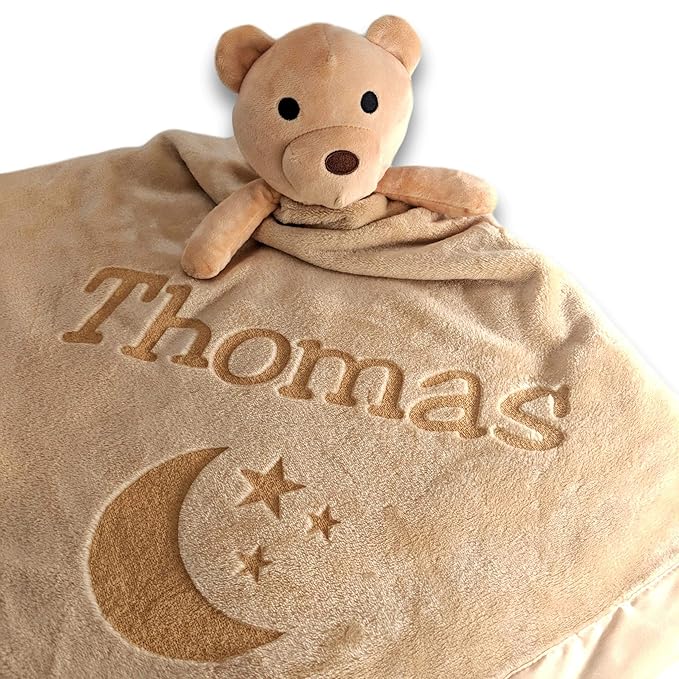 Custom Catch Personalized Teddy Bear Baby Blanket Gift for Boy or Girl - Brown
