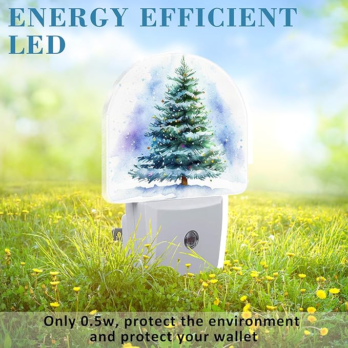 Watercolor Christmas Tree Night Light for Kids, LED Night Light Plug into Wall with Dusk to Dawn Sensor for Girls Boys Women Men Room Decor, Hallway, Kitchen, Bathroom, Nursery, Stairs