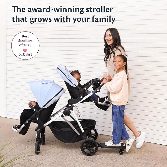 Mockingbird Single-to-Double Stroller 2.0 - Convertible Full-Size Baby Stroller for 1, 2 or 3 Kids - Includes Cup Holder - Sea