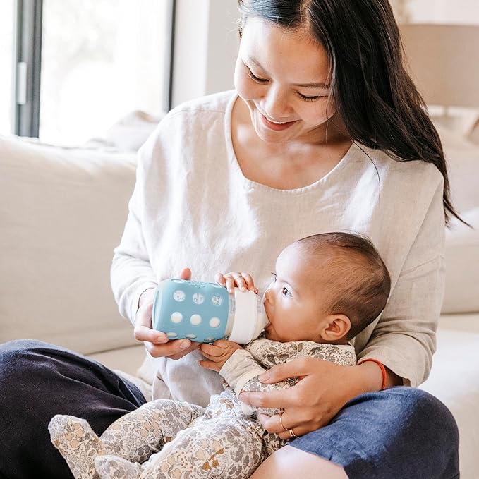 Lifefactory 8-Ounce Wide Neck Glass Baby Bottle with Protective Silicone Sleeve and Stage 2 Nipple, Denim (LG2211WDE4)