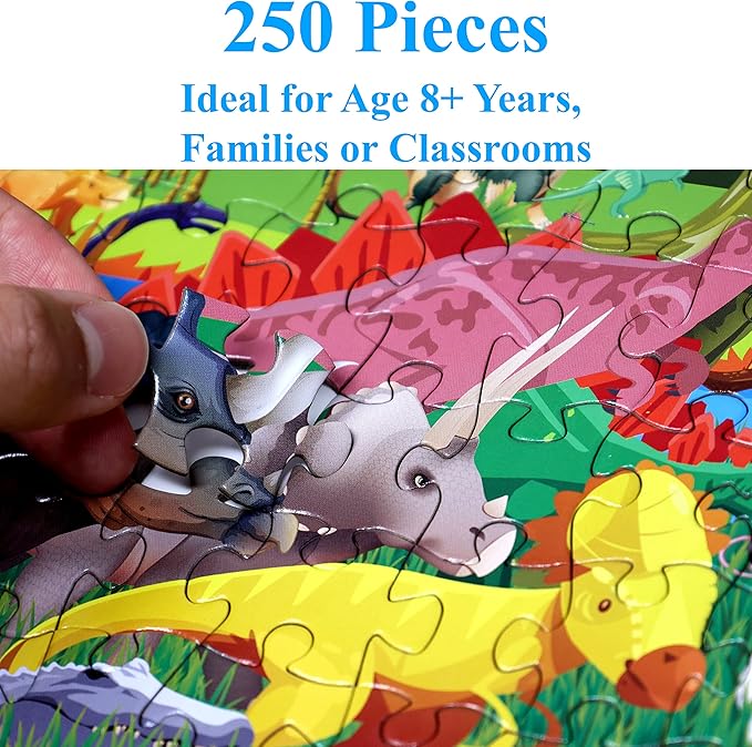 Think2Master Colorful Dinosaurs 250 Pieces Jigsaw Puzzle Fun Educational Toy for Kids, School & Families. Great Gift for Boys & Girls Ages 8+ to Stimulate Learning. Size: 14.2” X 19.3””