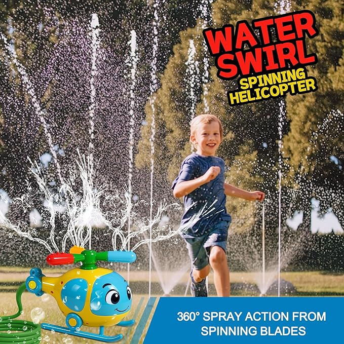 Helicopter Water Sprinkler for Kids, Spinning Outdoor Lawn Toy for Summer Fun, Backyard, Pool, Garden & Birthday Party Play, Ages 3-12, Easy Setup Water-Powered Sprinkler