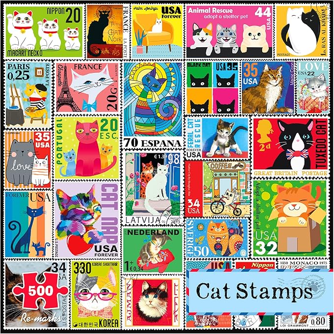 Re-marks Cat Postage-Stamp Collage Puzzle, 500-Piece Puzzle for All Ages