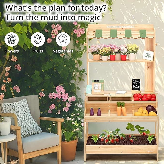 PairPear Wooden Mud Grocery Stand, 2-in-1 Outdoor Market Stand & Mud Kitchen for Kids Outdoor, Montessori Pretend Play Toy with 14 Accessories, Cash Register & Play Food, Ages 3+