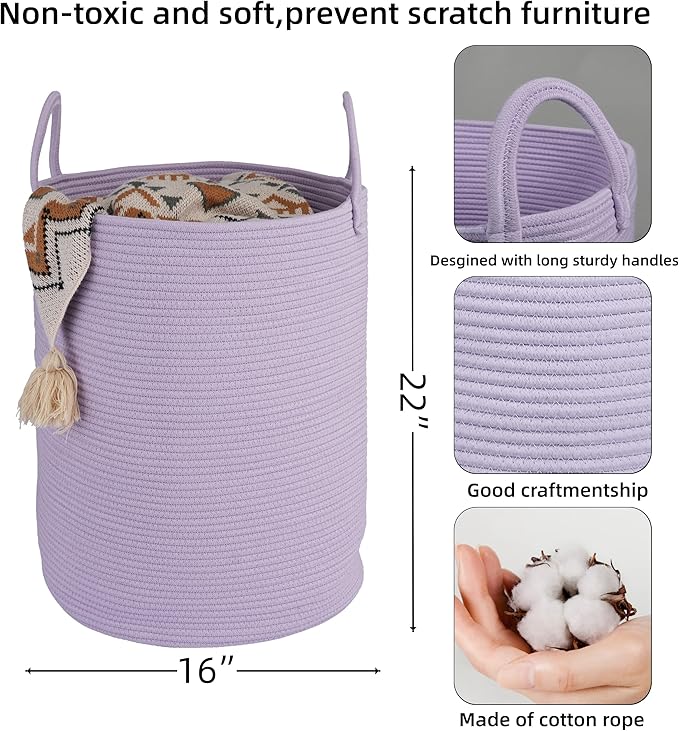 Cotton Rope Laundry Basket Hamper for Clothes Woven Storage Basket for Living Room Bedroom Boho Tall Rope Baskets for Blanket Toys Pillow Towels Baby Nursery Hamper Bin Large purple