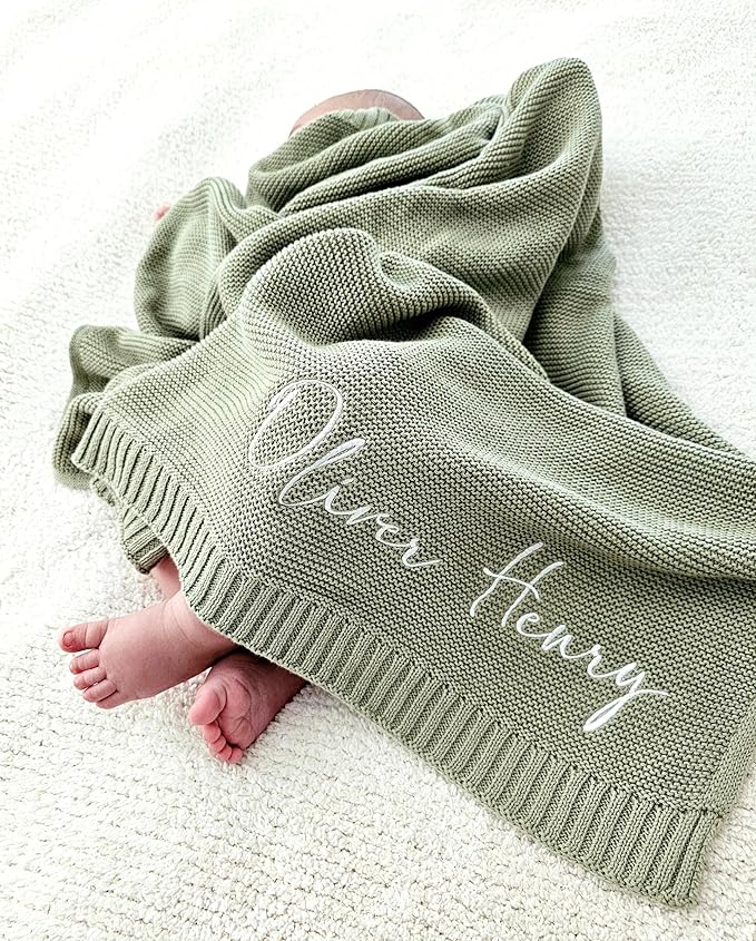 NAZENTI Cotton Knit Blanket, Personalized Baby Blanket with Name Embroidery, Newborn Gift, 30x40in, Unisex