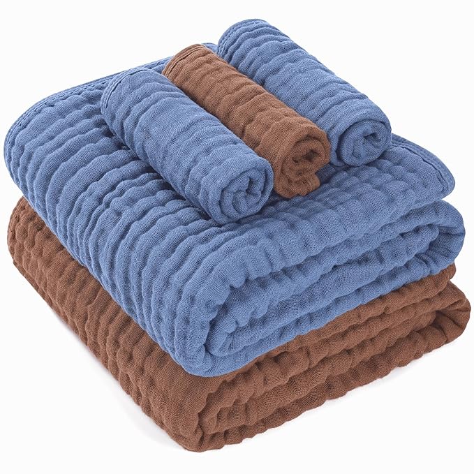Premium 5-Piece Muslin Baby Towel Set: 43x43 Inches of Gentle Softness & Versatility, Ideal for Baby Girls & Boys' Delicate Skin – A Cozy Coffee & Soothing Blue Choice