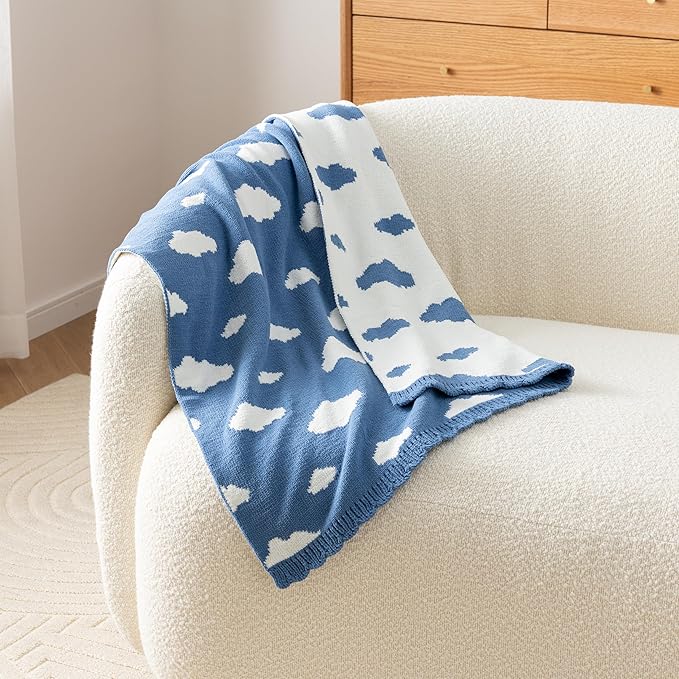 Berkshire Baby Blanket,Ultra-Plush Reversible Chenille Knit Toddler Blanket,Cute Pattern Nursery Crib Blanket,Ideal Baby Gift(30x40 Inches,Bouncy Clouds Harbor Blue)