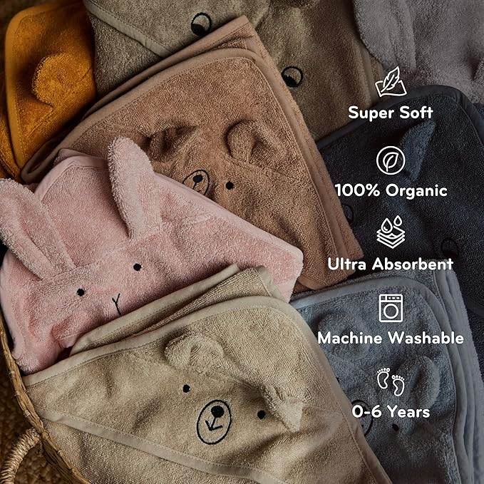 Baby Hooded Towel – Organic Cotton Baby Bath Towels, 32" x 32" Super-Soft and Absorbent Baby Towels for Newborn 2-Pack (Grey/Yellow)