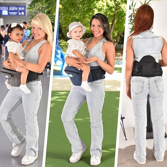 Baby Carrier with Hip Seat - with Lumbar & Back Support – Adjustable Waistband with Strong Support - Health Certified, Machine Washable, Fits Medium–Large (Black) (Blue)