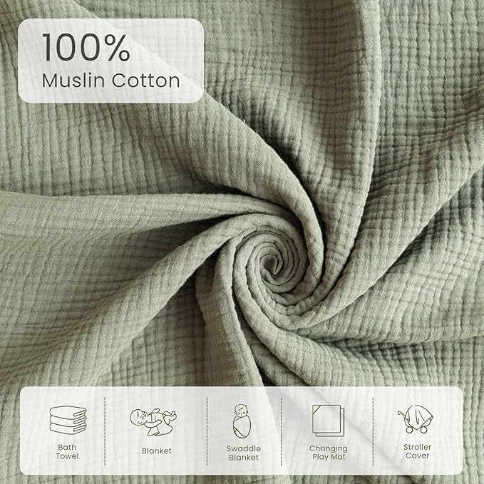 Konssy 2-Pack Muslin Hooded Baby Towels, 100% Cotton, Ultra-Soft & Absorbent Baby Bath Towels with Hood for Newborn & Infant (Fog Green, Sprout, 32" x 32")