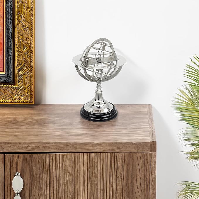 Antique Vintage Zodiac Armillary Brass Sphere Globe Wooden Display | Pirate's Antique Ship Decor | Nagina International (Large, Nickel Plated)