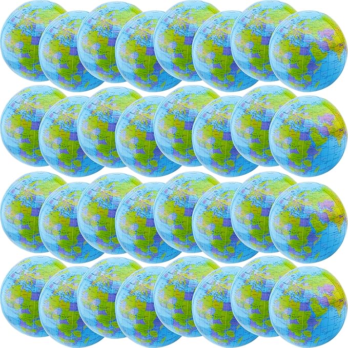 32 Pack 16 Inch Inflatable Globe Bulk Blow up Beach Ball Large Inflatable World Globe for Classroom Teaching Beach Playing Pool Party Bags