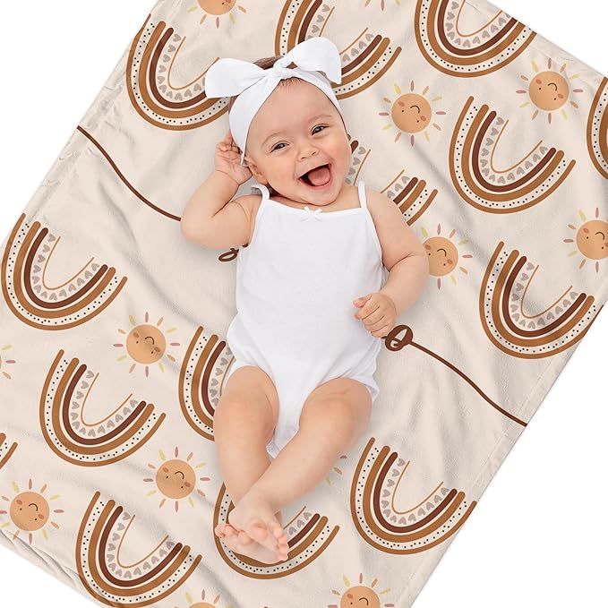 Custom Baby Shower Nursery Blanket, Personalized Blankets with Name, Customized Boho Rainbow Blanket for Girl, Newborn Baby Girls Shower Gifts for Christmas Birthday