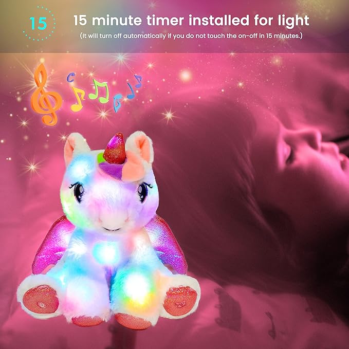Hopearl LED Musical Stuffed Unicorn Adorable Lighting Up Singing Plush Toy Adjustable Volume Lullaby Animated Soothe Birthday Festival for Kids Toddler Girls, White, 11''