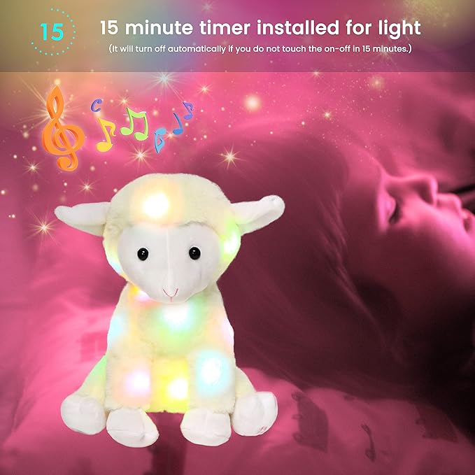 Hopearl LED Musical Stuffed Lamb Lighting Up Sheep Singing Plush Toy Adjustable Volume Lullaby Animated Soothe Birthday Gifts for Kids Toddler Girls, Beige, 11''