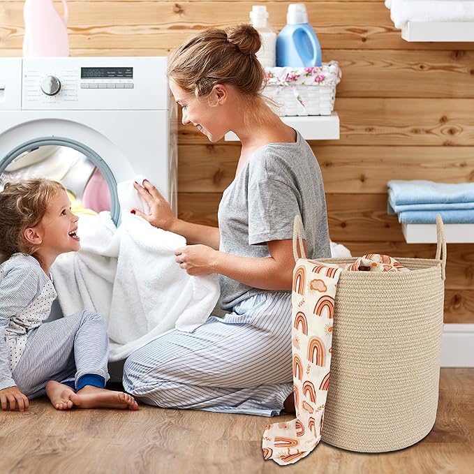 Cotton Rope Laundry Basket Hamper for Clothes Woven Storage Basket for Living Room Bedroom Boho Tall Rope Baskets for Blanket Toys Pillow Towels Baby Nursery Hamper Bin oatmeal