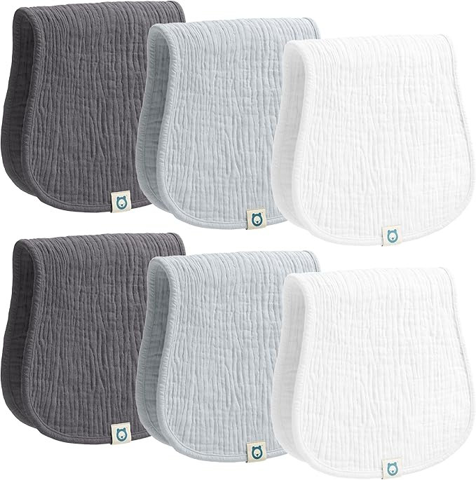 Muslin Burp Cloths Set, 6 Pieces, 100% Organic Cotton Hand Washcloths for Baby Boys and Girls Extra Absorbent and Soft Burping Rags (Monochrome - Multi Colored)
