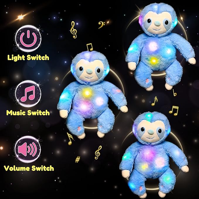 Hopearl LED Musical Plush Sloth Light up Stuffed Animal Three Toed Sloth Floppy Night Lights Glow in The Dark Birthday Festival for Kids Toddlers, Blue, 12.5''