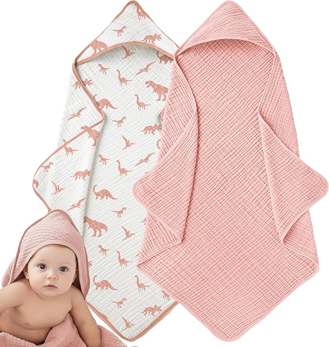 Muslin Hooded Baby Towels for Newborns, 32"x32", 100% Cotton – 6 Layers Super Soft Absorbent Breathable, Baby Bath Towel, Toddler Bath Towel – Pack of 2