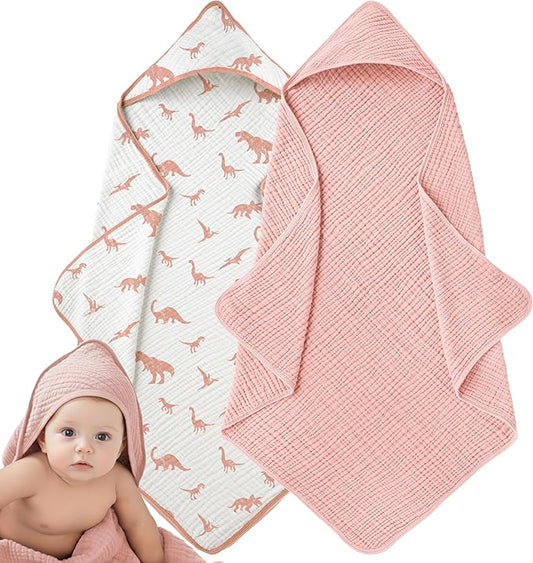 Muslin Hooded Baby Towels for Newborns, 32"x32", 100% Cotton – 6 Layers Super Soft Absorbent Breathable, Baby Bath Towel, Toddler Bath Towel – Pack of 2