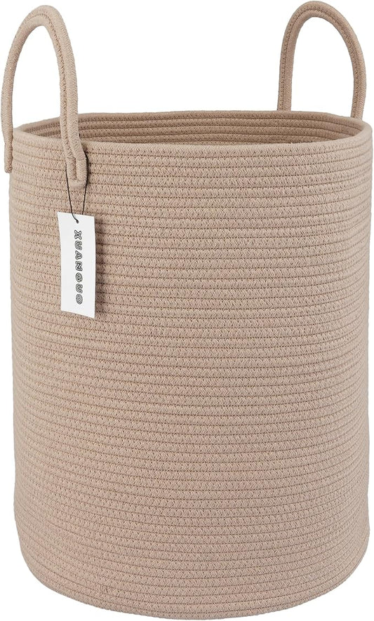 Cotton Rope Laundry Basket Hamper for Clothes Woven Storage Basket for Living Room Bedroom Boho Tall Rope Baskets for Blanket Toys Pillow Towels Baby Nursery Hamper Bin Konjac