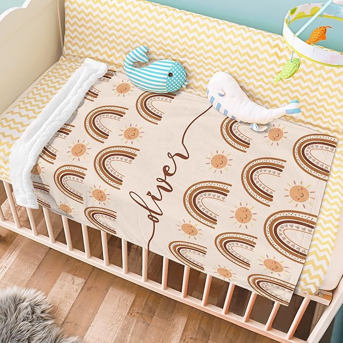 Custom Baby Shower Nursery Blanket, Personalized Blankets with Name, Customized Boho Rainbow Blanket for Girl, Newborn Baby Girls Shower Gifts for Christmas Birthday