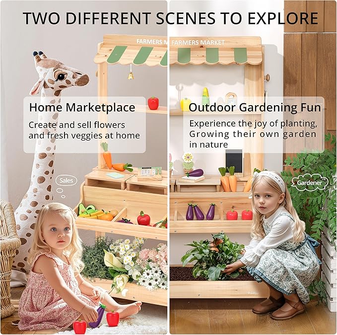 PairPear Wooden Mud Grocery Stand, 2-in-1 Outdoor Market Stand & Mud Kitchen for Kids Outdoor, Montessori Pretend Play Toy with 14 Accessories, Cash Register & Play Food, Ages 3+