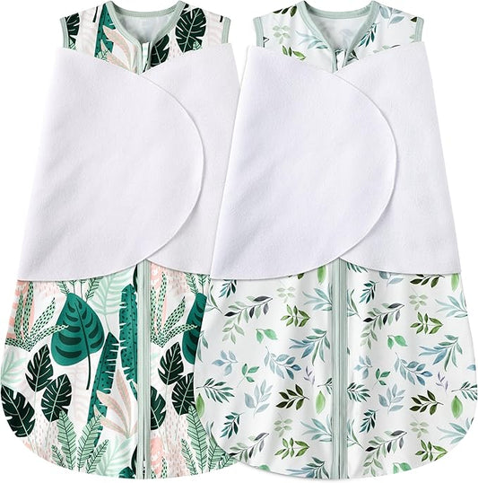 Newborn Sleep Sack Baby Swaddle,0-3 Months,3-Way Adjustable Wearable Blanket,100% Rayon Cotton Swaddling Sleeping Bag，TOG 0.5（Banana&Leaf）