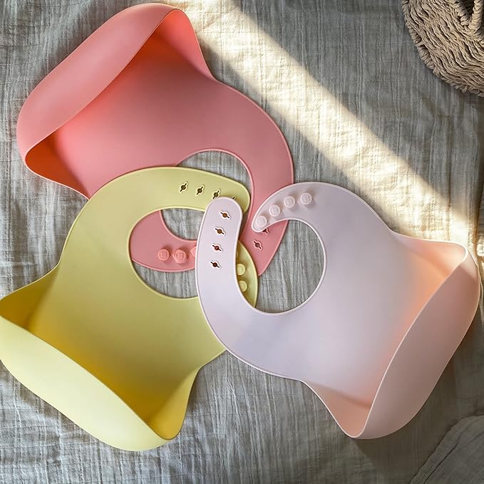 Moonkie Silicone Baby Bibs Set Of 3, BPA Free Soft Adjustable Fit Waterproof Feeding Bibs for Babies and Toddlers(Pink/Pastel Yellow/Soft Pink)