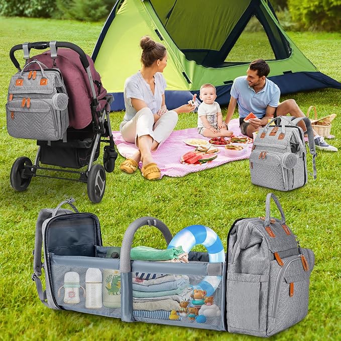 Baby Diaper Bags with Changing Station, Large Capacity Diaper Bag Backpack for Moms Dads with USB Charging Port,Travel Baby Bag with Pacifier Case & Stroller Straps(Up-Grey)