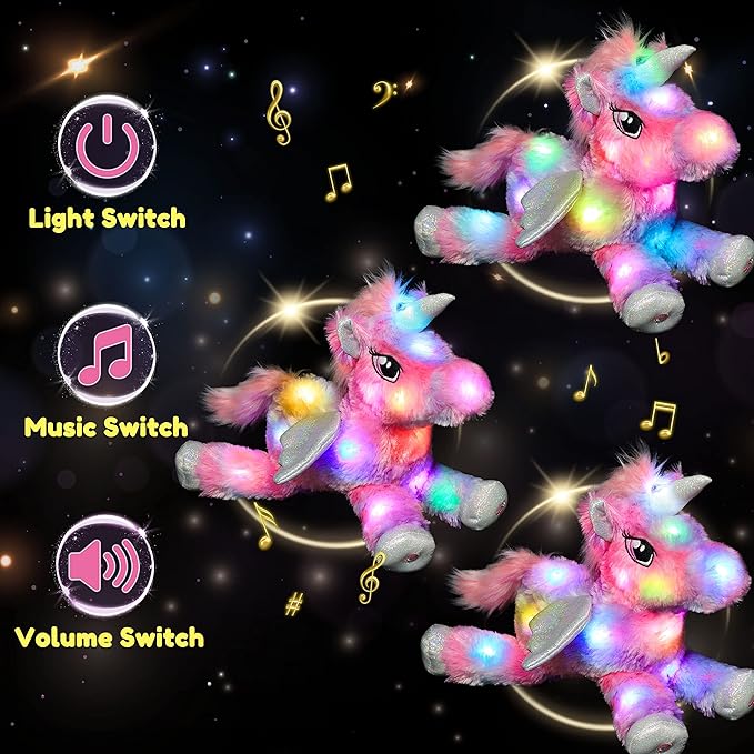 Hopearl Colorful LED Musical Stuffed Unicorn Lighting Up Singing Plush Toy Adjustable Volume Lullaby Animated Soothe Birthday Festival for Kids Toddler Girls, Rainbow, 16''
