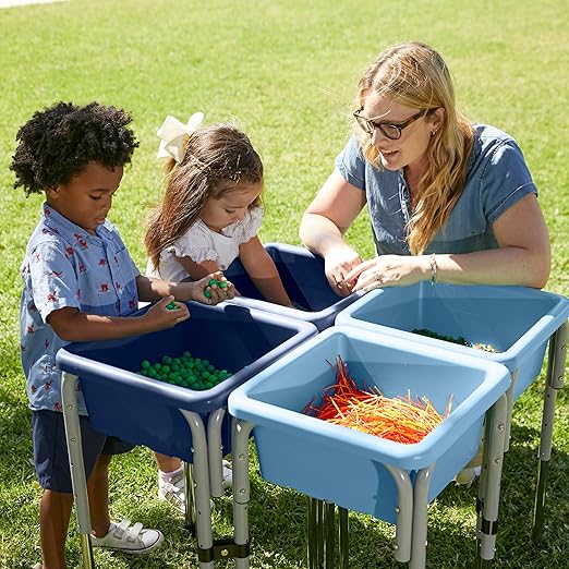 ECR4Kids 4-Station Sand and Water Adjustable Play Table, Sensory Bins, Navy/Powder Blue