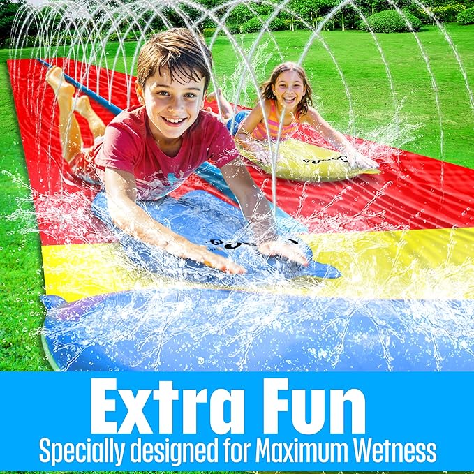 JAMBO 31.5Ft Extra Long Water Slide and 2 Bodyboards, Heavy Duty Slip Splash and Slide with Inflatable Crash Pad, Summer Water Toy Sprinkler, Backyard Outdoor Water Fun n Toys for Kids, Splash Mat