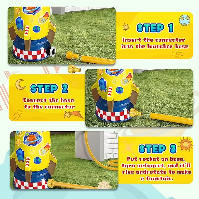 Water Rocket Sprinkler for Kids, Outdoor Sprinkler Rocket Launcher Toy for Backyard, Summer Water Toys for Kids Ages 3-12, Fun Water Powered Rocket Toy (Yellow-4)