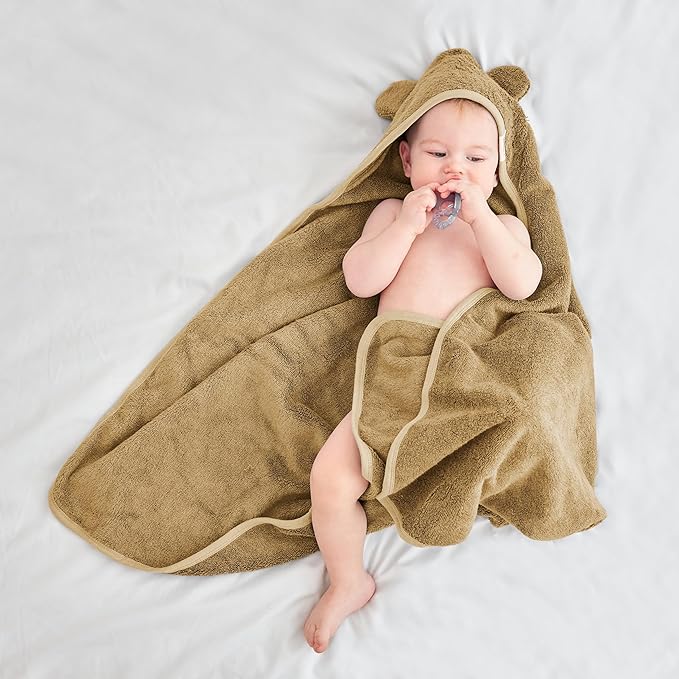 Munich Blue Toddler Bath Towel for Boys & Girls - Soft Baby Bath Towels with Cute Bear Ears - Cozy Baby & Toddler Towels, 600 GSM, 35x35 inch (Brown Sugar)