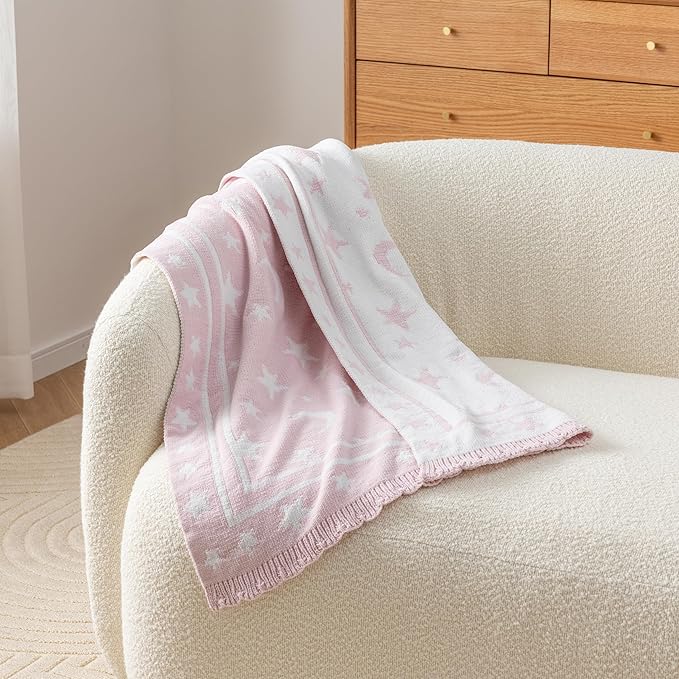 Berkshire Baby Blanket,Ultra-Plush Reversible Chenille Knit Toddler Blanket,Cute Pattern Nursery Crib Blanket,Ideal Baby Gift(30x40 Inches,Stars and Moon Border White-Pink)