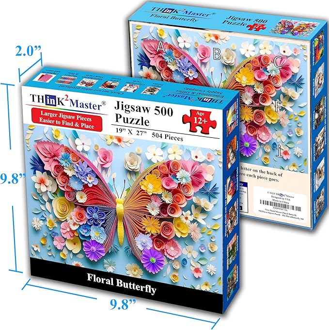 Think2Master Colorful Vibrant Flower Butterfly 500 Pieces Large Format Jigsaw Puzzle: Kids 12+, Teens, Adults & Families. Paper Art High Resolution. Great Gift. Size: 26.8” X 18.9”
