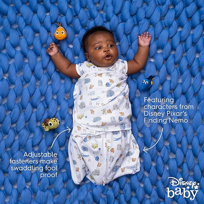 HALO Disney Baby Finding Nemo 100% Cotton Sleepsack Swaddle, 3-Way Adjustable Wearable Blanket, TOG 1.5, Nemo Great Barrier Reef, Newborn, 0-3 Months