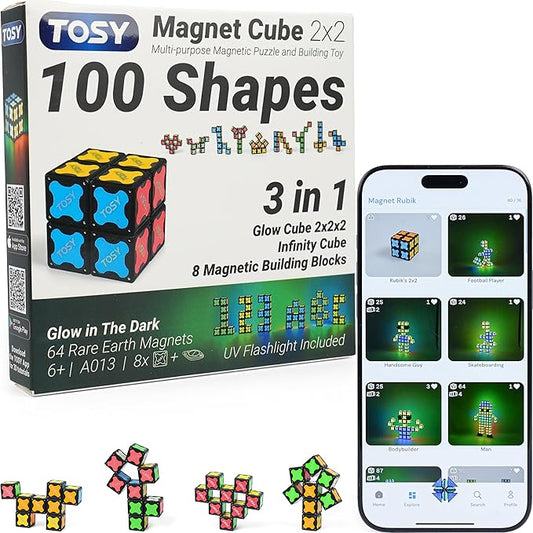 TOSY Magnet Cube 2x2 - 8 Blocks, 2in1 Toy: 2x2x2 Puzzle Cube and Customizable Infinity Cube, Glowing, Christmas Stocking Stuffers Gift for Kids/Grandkids, UV Flashlight, Sensory/STEM Toy