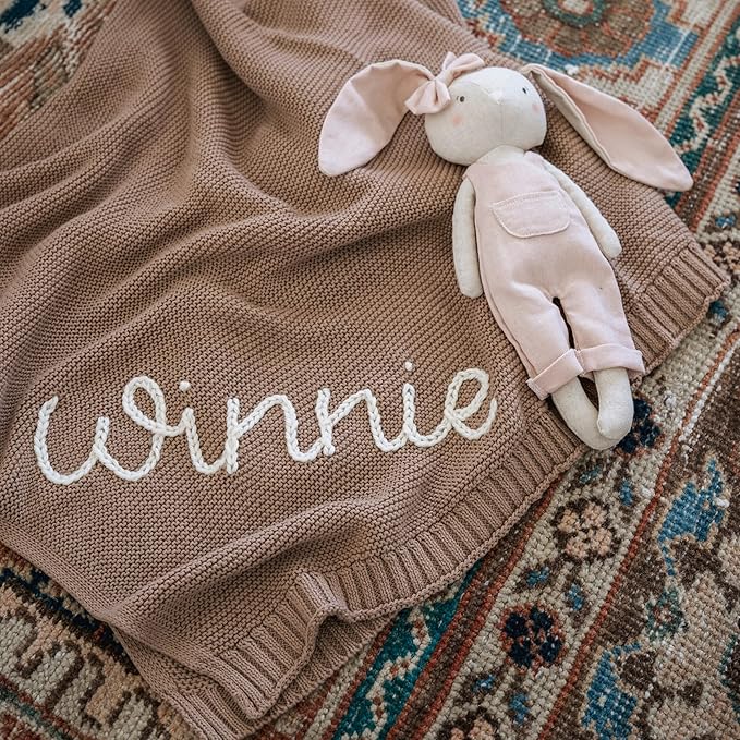 NAZENTI Personalized Hand Embroidered Baby Knit Blanket, Custom Baby Name, Newborn Baby Gifts, Cotton Knit Stroller Blanket, Custom Gifts for Birthday Baby Boys Baby Girls #16